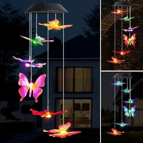 MorTime 25" LED Solar Wind Chime, Color Changing Solar Butterfly Wind Chimes Mobile Hanging Wind Chime for OutsideHome Garden Decoration by MorTime