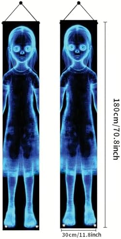 2PCS Halloween Ghost Girl Porch Banners 71 x 12 Inch Creepy Blue Hologram Haunted Spirit Door Decorations Spooky Horror Hanging Signs for Indoor Outdoor Scary Party Entryway Wall Décor - Image 6