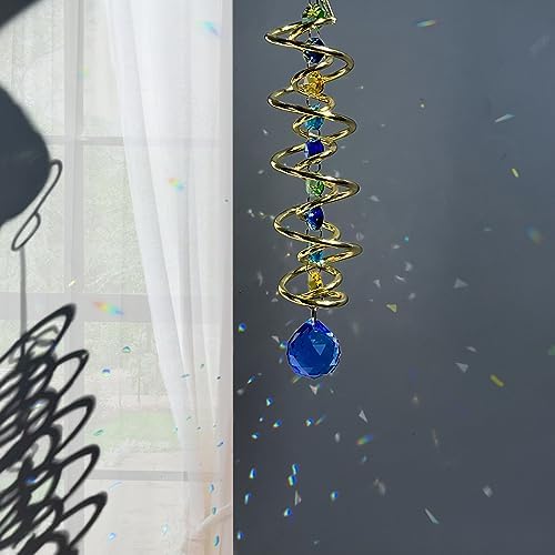 FONMY Gazing Ball Spiral Tail Decorative Wind Spinner Sun Catcher Rainbow Maker Golden Double-Spiral W/Sea Blue Crystal Ball and Chain Crystals for Indoor Outdoor Garden Decoration -14 inch H - Image 4