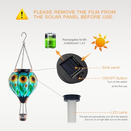 Starsoul Sunflower Hot Air Balloon Solar Lantern Glass Outdoor Hot Air Balloon Solar Flickering Flame Light Hanging Solar Lanterns Outdoor Waterproof Garden Patio Yard Party Decor - Image 6