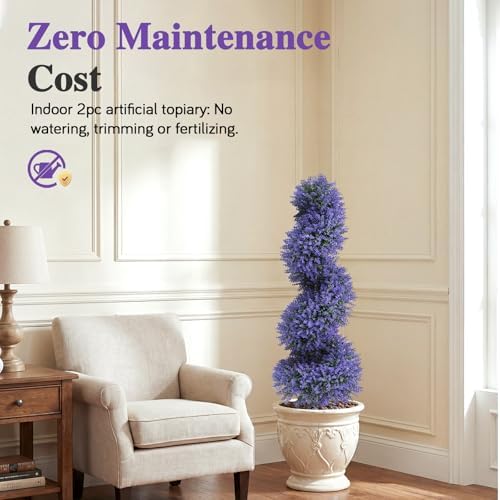 PATIO CHOICE 3ft Artificial Topiary Spiral Trees with Lavender Set of 2 High End Outdoor Faux Plants Realistic Fake Bushes Lilac Shrubs Decorations for Outdoor Front Porch Garden - Image 4
