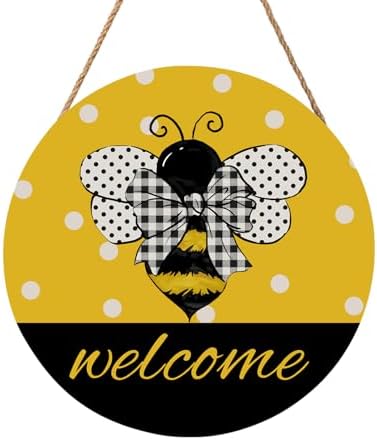 Bee Welcome Sign for Wreath Spring Summer Wooden Hanging Sign for Front Door Farmhouse Bumble Bee Decor Summer Door Hanger for Home Bedroom Living Room Indoor Outdoor Decorations 12"x12" by welcometoourhome
