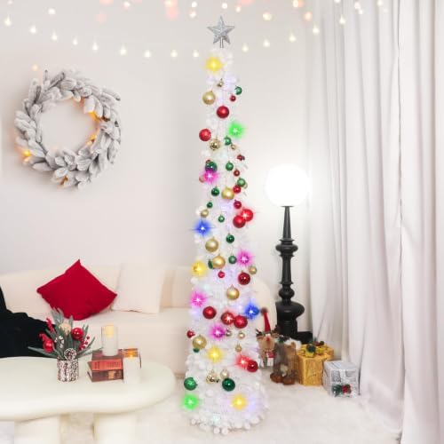 N&T NIETING Pop Up Christmas Tree with Lights & 30 Balls, 5Ft Collapsible White Tinsel Skinny Tree Decorations for Holiday Xmas Home Office Decor - Image 2