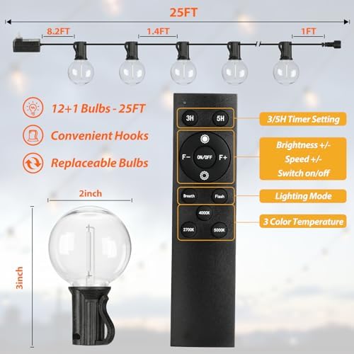 25FT LED Outdoor String Lights with Dimmable 3 Color Lights with Remote - Image 6