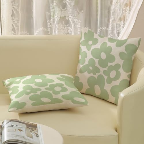 Sage Green Pillow Covers 18x18 Inch Set of 2 Green Cute Floral Throw Pillows Daisy Flower Decor Outdoor Pillow Cases Linen Spring Summer Farmhouse Decoration Cushion Cover for Couch Sofa Bed - Image 5
