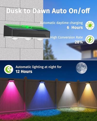 Solar Fence Lights Outdoor 12 Pack Upgraded High Brightness 3 LED Spot Lens Waterproof Deck Lights 7 Mode Warm&Cool White RGB Solar Powered Wall Lighting Decor for Outside Patio Step Backyard Railing - Image 3