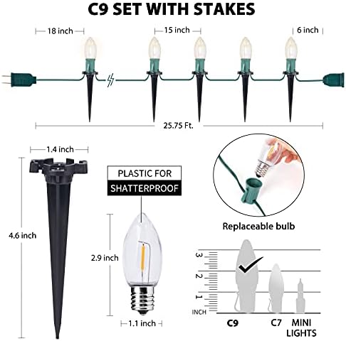 Christmas Pathway Lights Outdoor, 26 FT Connectable C9 LED Christmas Lights Outdoor, Waterproof String Lights with 20 Led Lights and Stakes, Christmas Decorations for Walkway Driveway, Warm White - Image 6