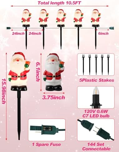 10.5FT Christmas Pathway Lights, 5PK LED Santa Clause Yard Stake Lights - Image 2