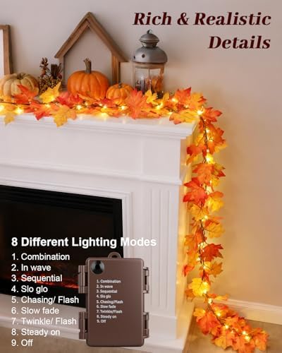 Luditek 9.8FT 60LED Fall Garland with Lights, 8 Lighting Modes, Battery Powered Maple Leaves String Lights, Fall Decorations for Autumn, Thanksgiving, Halloween, Home Room, Indoor Outdoor - Image 3