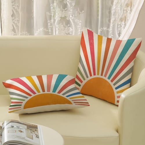 Summer Pillow Covers 16x16 Set of 2 Colorful Stripes Yellow Sunshine Decorations Outdoor Throw Pillows Boho Rainbow Sun Pillowcase Linen Decor Modern Farmhouse Cushion Case for Home Bedroom - Image 4