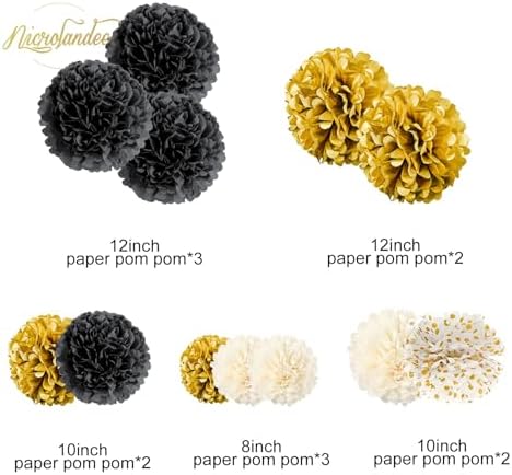 NICROLANDEE Black and Gold Party Supplies 12PCS Tissue Pom Poms 12" - Image 3