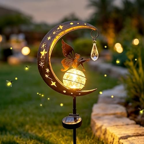 Hummingbird Moon Solar Garden Stake Light,Solar Garden Lights Outdoor Decor,Crackle Glass Fairy Lights,Solar Lights for Garden,Metal Stake Ornament for Patio Lawn Pathway Decor (Moon) by HAEYIA