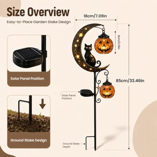 Solar Halloween Black Cat Garden Stake Light – Metal Crescent Moon & Pumpkin Lantern Yard Decor, Auto On/Off Waterproof LED Landscape Lighting for Patio Lawn Pathway (C) - Image 2