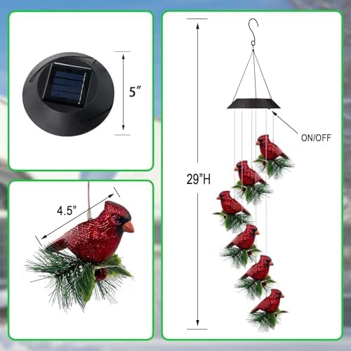 Cardinal Solar Wind Chimes for Outside,Red Bird Danglers Christmas Lights - Image 6