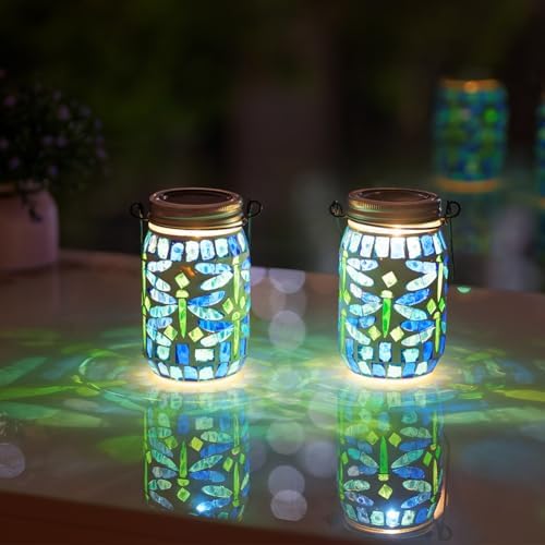 Starsoul Solar Hanging Lanterns Outdoor Waterproof, Mosaic Dragonfly Decor Glass Solar Outdoor Lights, Decorative Solar Lantern for Outside Pathway Patio Porch Yard Decor - Image 6