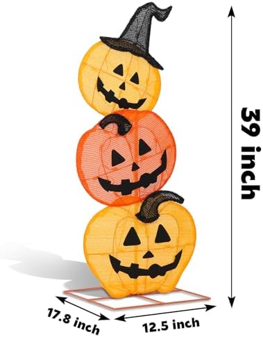 Halloween Lighted Stacked Pumpkins Decoration, Pre-Lit with 50 Warm White Lights Jack-O-Lantern Pumpkins Lights, Halloween Light Up Pumpkin for Indoor, Outdoor, Porch, Yard, 39’’ H - Image 3