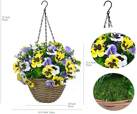 365 Blooming Decor 22” Premium Artificial Pansy Hanging Basket, Yellow Purple & White Lifelike Spring Flowers, Easy Assembly Wicker Planter with Chain for Porch, Patio, Balcony & Home Décor - Image 2