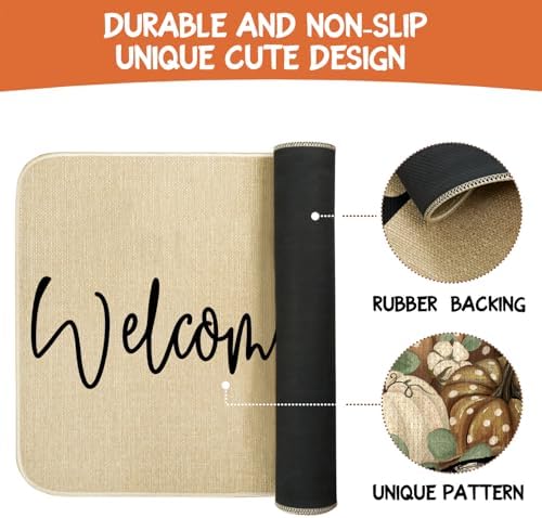 Fall Door Mat Outside,Pumpkin Eucalyptus Welcome Mat for Front Door,Thanksgiving Autumn Indoor Outdoor Non-Slip Rugs,Fall Doormat for Farmhouse Home Porch Decorations (Brown 30" x 17") - Image 6