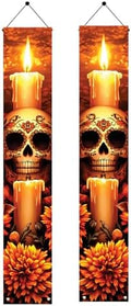 2PCS Day of The Dead Porch Banners 71 x 12 Inch Dia de Los Muertos Candle Skull Decorations Heart Eyes Sugar Skull Marigold Flower Hanging Signs for Halloween Mexican Festival Wall Decor by Unknown