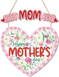 HOURIA Happy Mother's Day Wooden Sign(11.4”x12.5”),Vintage Best Mom Ever Wall Decor,Pink Flower Heart Shaped Door Hanger for Mom Grandma Woman by HOURIA