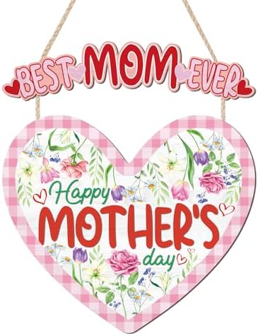 HOURIA Happy Mother's Day Wooden Sign(11.4”x12.5”),Vintage Best Mom Ever Wall Decor,Pink Flower Heart Shaped Door Hanger for Mom Grandma Woman by HOURIA