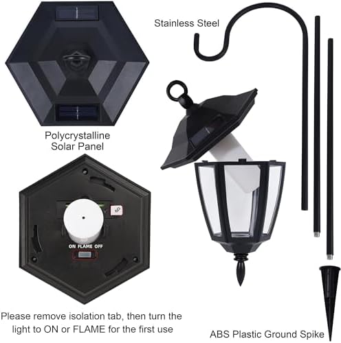 Dynaming 6 Pack Solar Flame Hanging Lights Outdoor, Halloween Solar Flickering Flame LED Garden Lanterns with 6 x 38 Inch Shepherd Hooks, Christmas Lighting for Lawn Patio Yard Pathway Driveway - Image 5