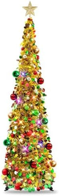 N&T NIETING Pop Up Christmas Tree with Lights, Collapsible Tinsel Xmas Tree Decorations, Pencil Christmas Tree Skinny Tree for Holiday Xmas Home Office Decor, 30 Balls, 5Ft, Gold Mix by NTNIETING