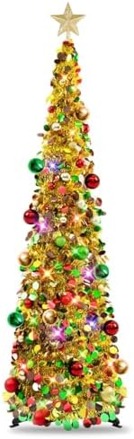 N&T NIETING Pop Up Christmas Tree with Lights, Collapsible Tinsel Xmas Tree Decorations, Pencil Christmas Tree Skinny Tree for Holiday Xmas Home Office Decor, 30 Balls, 5Ft, Gold Mix by NTNIETING