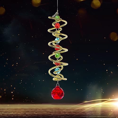 FONMY Gazing Ball Spiral Tail Decorative Wind Spinner Sun Catcher Rainbow Maker Golden Double-Spiral W/Red Crystal Ball and Chain Crystals for Indoor Outdoor Garden Decoration -14 inch H by FONMY