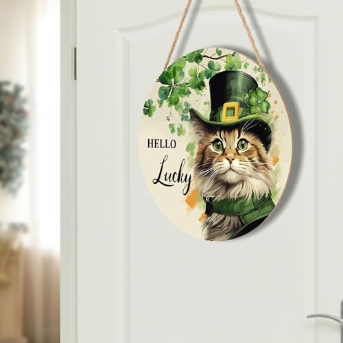 St. Patrick's Day Door Decoration for Home Cat Lucky Shamrock Wreath for Front Door Lucky Clover Cat Hanging Wall Sign Green Wreath Wooden Plaid Plaque for Porch Home Office Farmhouse 12"x12" - Image 7
