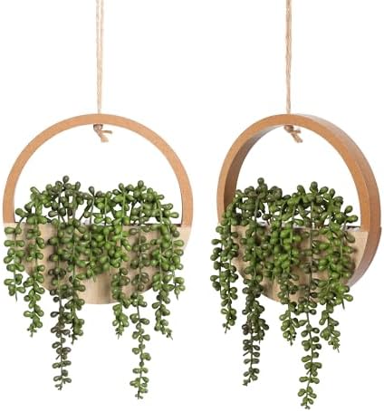 Floweroyal 2pcs Artificial Succulents Hanging Plants 20.1'' Fake String of Pearls in Pot with 9.4'' Lanyard for Indoor Outdoor Wall Decor（Wood Color） by FloweroyalCrafts