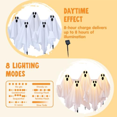 JOYIN 5 Packs Halloween Solar Ghost Lights Outdoor Decorations, Yard Stake Spooky Decorations Ghosts, Warm White Solar Powered Lights with Arms for Yard, Garden Pathway, Porch & Haunted House Decor - Image 5