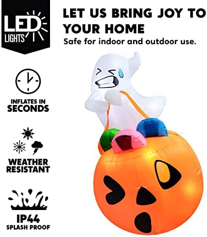 Joiedomi 5 FT Tall Halloween Inflatables Outdoor Decorations, Inflatable Cute Ghost Halloween Decor Outdoor, Blow Up Ghost Lift Pumpkin Candy Bag with Build-in LEDs for Yard Decorations - Image 5