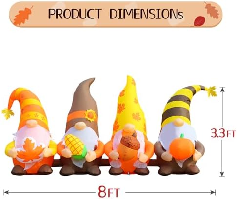 DomKom 8FT Thanksgiving Inflatables Outdoor Decorations, Four Gnomes Fall Blow up Built-in LED Lights for Yard Autumn Holiday Harvest Decor - Image 3