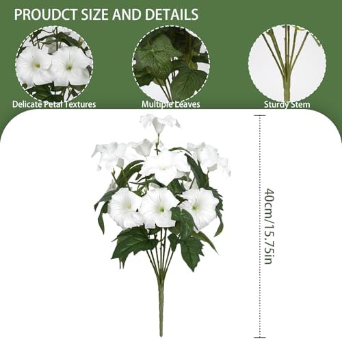 Artificial Flowers for Outdoors, Faux Petunias Spring Summer Decoration, Fake Flowers Plants UV Resistant Look Real Silk Flowers for Outside Planter Front Door Porch Patio Yard (6, White) - Image 2