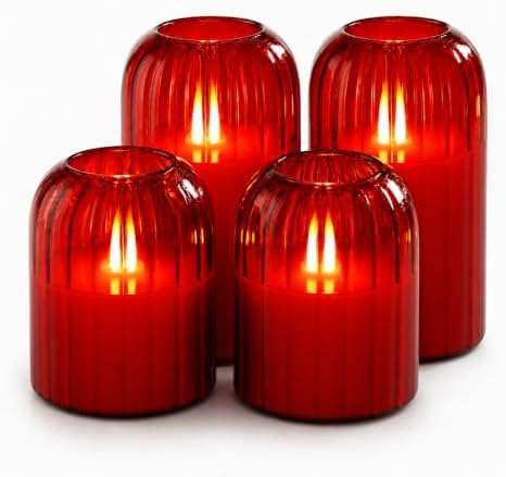 Lezonic Red LED Flameless Candles, 4 Pcs Glass Battery Operated Pillar Candles with Remote, Dancing Flickering Flame Real Wax, Home Decor for Wedding, Halloween, Christmas, & Holiday Table Centerpiece by Lezonic