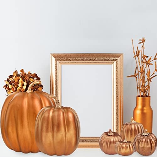 Winlyn 7 Pcs Assorted Sizes Artificial Metallic Bronze Pumpkins Rustic Decorative Fall Foam Pumpkins for Gifts Thanksgiving Halloween Harvest Fall Wedding Table Centerpiece Mantel Shelf Decor - Image 4