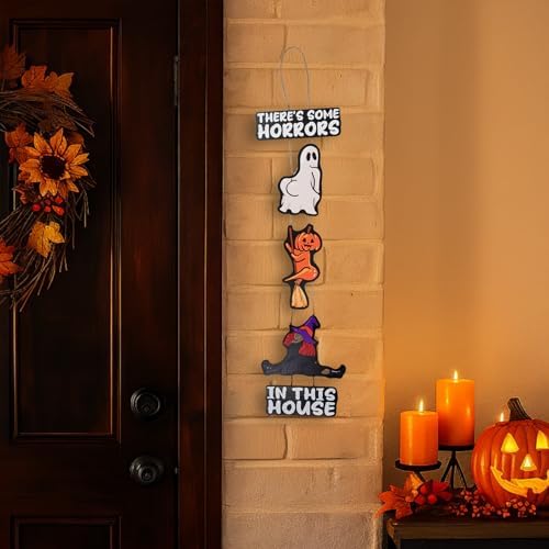 Halloween Decoration Funny Ghost There's Some Horrors in This House Welcome Wall Signs Door Wreath for Front Door Sign, Fall Sign Hanging for Home Wall Party Outdoor Supply Decor Gifts 36.2×8.3 Inch - Image 3