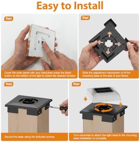 APONUO Solar Post Cap Lights, 3 Color Modes & 2 Brightness, Adjustable Base Fits 4x4 5x5 6x6 Posts (3.5-5.5 Inch), IP65 Waterproof, Deck & Fence Post Lights Solar Powered with Screws, Black, 6 Pack - Image 5