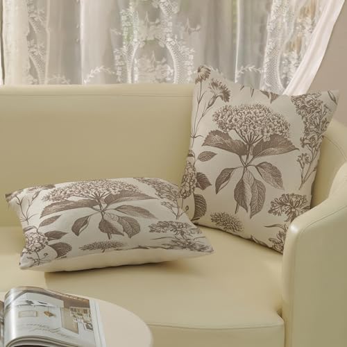 Vintage Brown Pillow Covers 24x24 Inch 2 Pcs Boho Beige Floral Decor Throw Pillows Hydrangea Flower Seasonal Outdoor Farmhouse Neutral Accent Decoration Pillowcase Linen Cushion Cover for Couch - Image 4