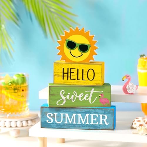 Yuntau 4 Pcs Summer Tiered Tray Decor Hello Sweet Summer Wood Block Signs - Image 6