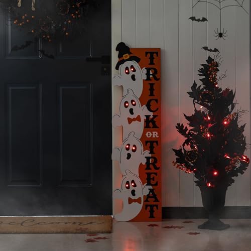 Glitzhome 42" H Lighted Halloween Wooden Stacked Ghost with Trick or Treat Porch Sign w/Timer 6h On/18h Off - Hang on Wall or Lean Against, Solid Wood Yard Sign for Indoor & Entryway Decor - Image 7
