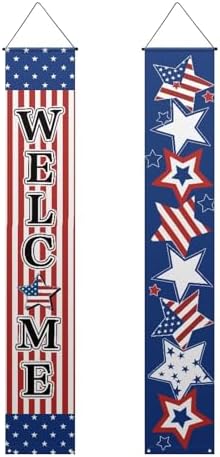 doginthehole Patriotic 4th of July Independence Day Porch Sign Decor Memorial Day Hanging Sign Door Banner for Front Door Farmhouse Outdoor Indoor Welcome Signs Decorations, 2pcs Set - Image 2