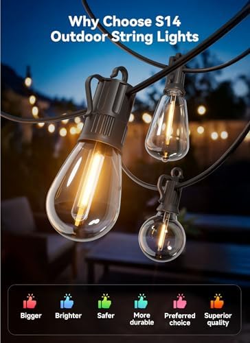 Minetom 31FT Outdoor String LED Patio Lights Waterproof,Shatterproof S14 Vintage Edison Bulbs,Commercial Grade Outside Hanging Lights Waterproof for Porch Deck Garden Backyard Balcony Cafe Bistro - Image 6