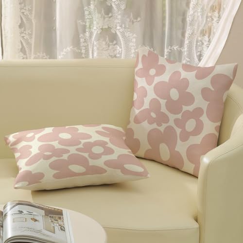 Light Pink Pillow Covers 18x18 Inch Set of 2 Pink Cute Floral Throw Pillows Daisy Flower Decor Outdoor Pillow Cases Linen Spring Summer Farmhouse Decoration Cushion Cover for Couch Sofa Bed - Image 5