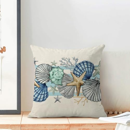 Coastal Pillow Covers 18x18 Inch Set of 2 Blue Nautical Starfish Pillow Covers Summer Outdoor Ocean Beach Coral Shell Decorative Pillow Cases Linen Square Cushion Cover Decor for Couch Home - Image 7