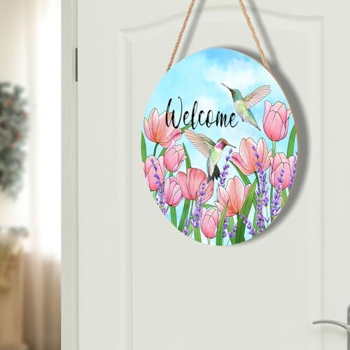 Welcome Spring Summer Hummingbirds Sign for Front Door Decor Spring Floral Wood Door Hanger Sign Spring Decorations Seasonal Farmhouse Wreath Wall Hanging Sign for Home Outdoor Outside Porch 12”x12” - Image 7