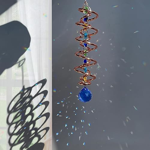 FONMY Gazing Ball Spiral Tail -Decorative Wind Spinner Sun Catcher Rainbow Maker Copper Double-Spiral W/Sea Blue Crystal Ball and Chain Crystals Beads for Indoor Outdoor Garden Decoration -14 inch H - Image 5