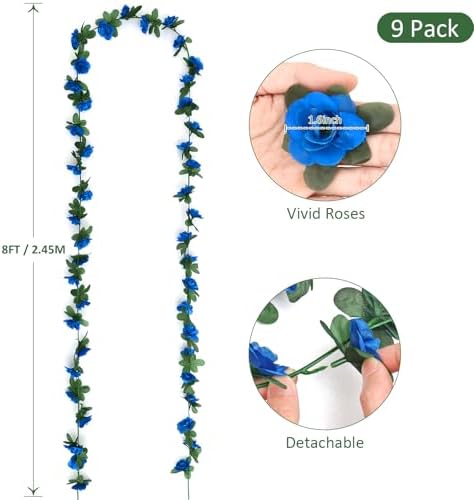 9 Pack 72 FT Artificial Flower Garland Fake Blue Roses Vines Silk Flowers - Image 3
