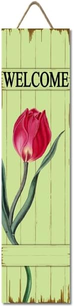 Tulip Welcome Wood Porch Sign 31.5inx7.8in, Greem Summer Spring Porch Leaner for Front Door Porch Patio or Wall, Spring & Summer Farmhouse Decorations Rustic Vertical Porch Decor by Ymaotrade